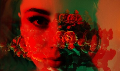 Double exposure portrait of a woman with red flowers and glowing red light, dreamy surreal style