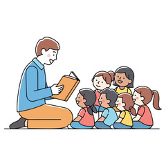 Teacher reading a book to a group of children in a classroom setting.