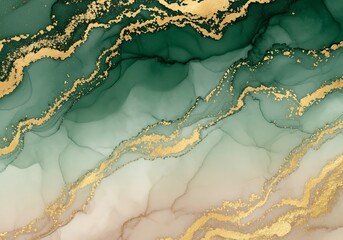 Emerald fluid art with golden accents, captivating abstract design