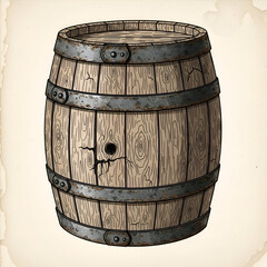 Obraz premium Rustic Wooden Barrel Illustration - Vintage Storage Container with Metal Bands.
