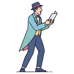 Man in formal attire singing from a sheet of paper.