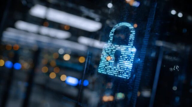 A close-up of a metallic server rack featuring a glowing cyan padlock and digital shield graphics, highlighting advanced cybersecurity technology.
