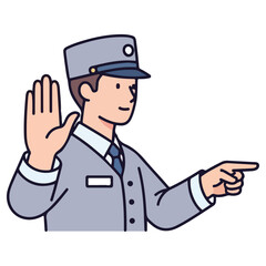 Man in uniform pointing and raising hand with focus.