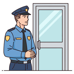 Security guard stands vigilantly near the entrance door.