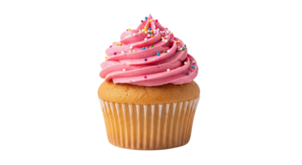 Delicious cupcake with pink frosting and colorful sprinkles isolated PNG with Transparent Background