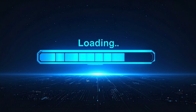 Futuristic loading screen with blue text and progress bar on dark background—glowing light and partial fill evoke anticipation, transition, and symbolic digital momentum in sci-fi composition.
