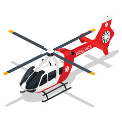 Red and white helicopter in flight for medical transport. © Basecamp
