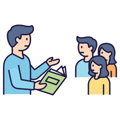 Teacher explaining lesson to students with book.