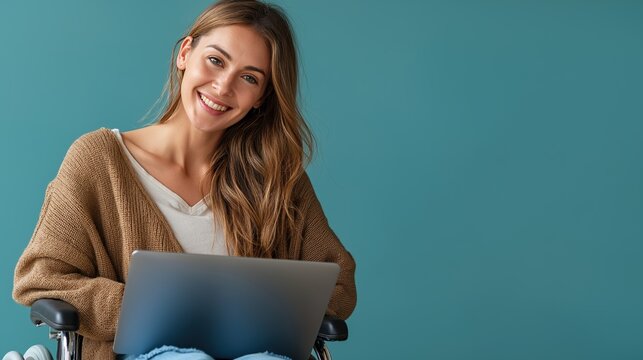 Half-length photo of a young, smiling woman in a wheelchair in front of a laptop. She's looking at the laptop screen. Isolated on an olive-green background. 