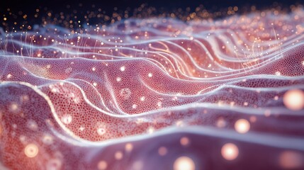 Scientific visualization of synthetic skin cells at a microscopic level. The structure should appear similar to human skin layers.