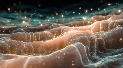 Scientific visualization of synthetic skin cells at a microscopic level. The structure should appear similar to human skin layers.