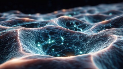 Scientific visualization of synthetic skin cells at a microscopic level. The structure should appear similar to human skin layers.