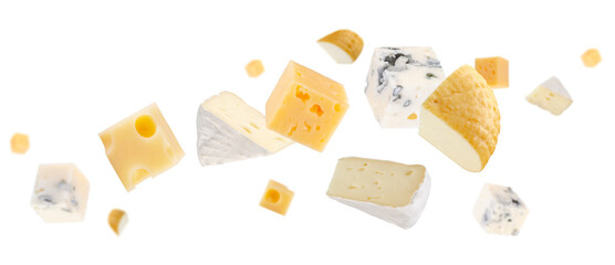 Pieces of cheese of various types. Maasdam, Camembert, Brie, smoked goat cheese, and regular cheese fly and levitate in space. Isolated on white.