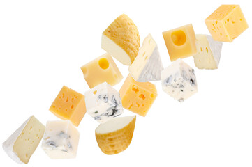 Pieces of various types of cheese. Maasdam, Camembert, Brie, smoked goat cheese, and regular cheese flying through space forming a chain shape. Isolated on white.