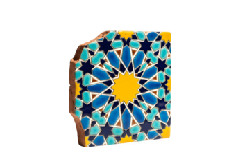 Fragment of a colorful mosaic tile isolated on transparent background, showcasing intricate islamic design and vibrant colors, a decorative piece of art