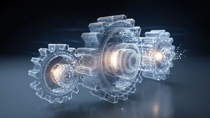 Three interlocking gears glowing with energy, labeled Model, Map, Match, driving a larger transparent engine that turns chaos into clarity, industrial-futuristic style, precision detail 