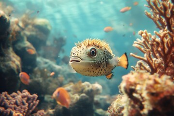 Obraz premium Vibrant pufferfish swimming in coral reef underwater nature scene aquatic environment close-up perspective