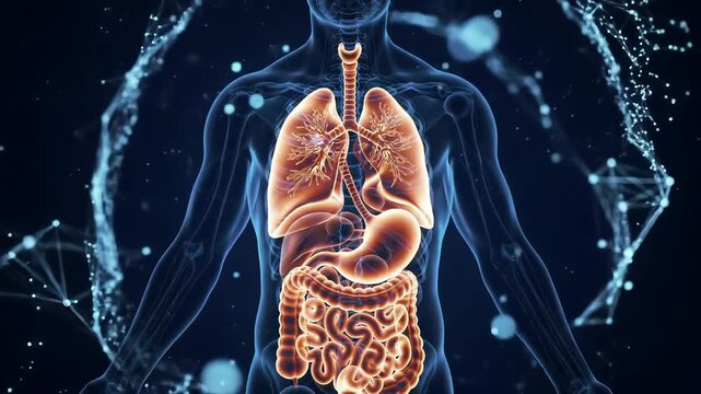 Human Anatomy X-Ray View: Lungs, Stomach, Intestines, and Skeletal Structure