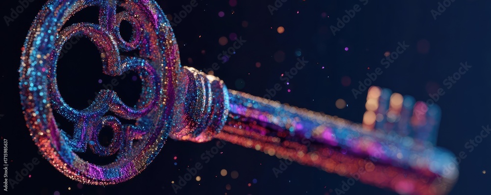 Poster passwordless login with key and lock concept. a vibrant, abstract close-up of a glowing key in digit