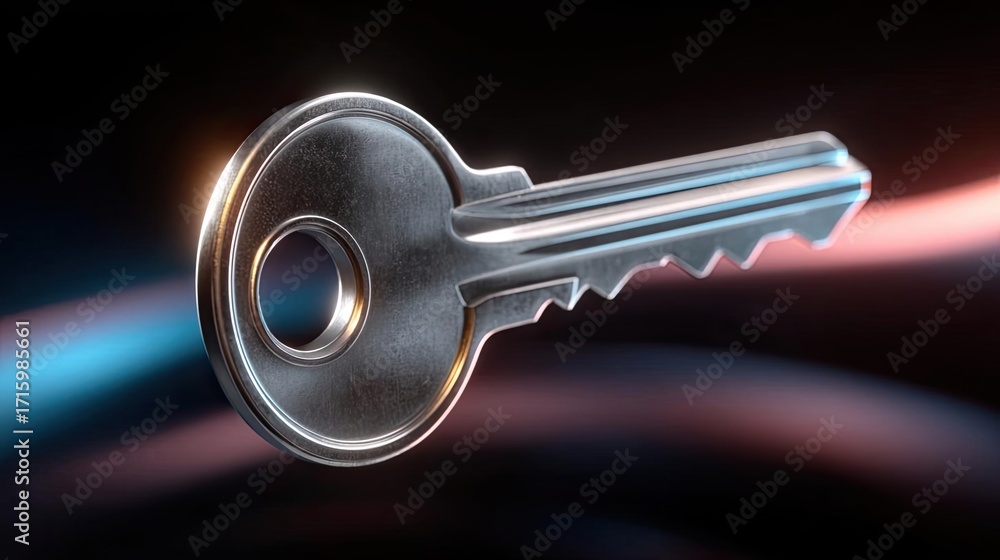 Poster passwordless login with key and lock concept. a close-up of a shiny metal key with a modern design.