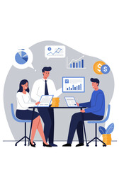 Flat Business Team Analyzing Financial Data Vector Illustration