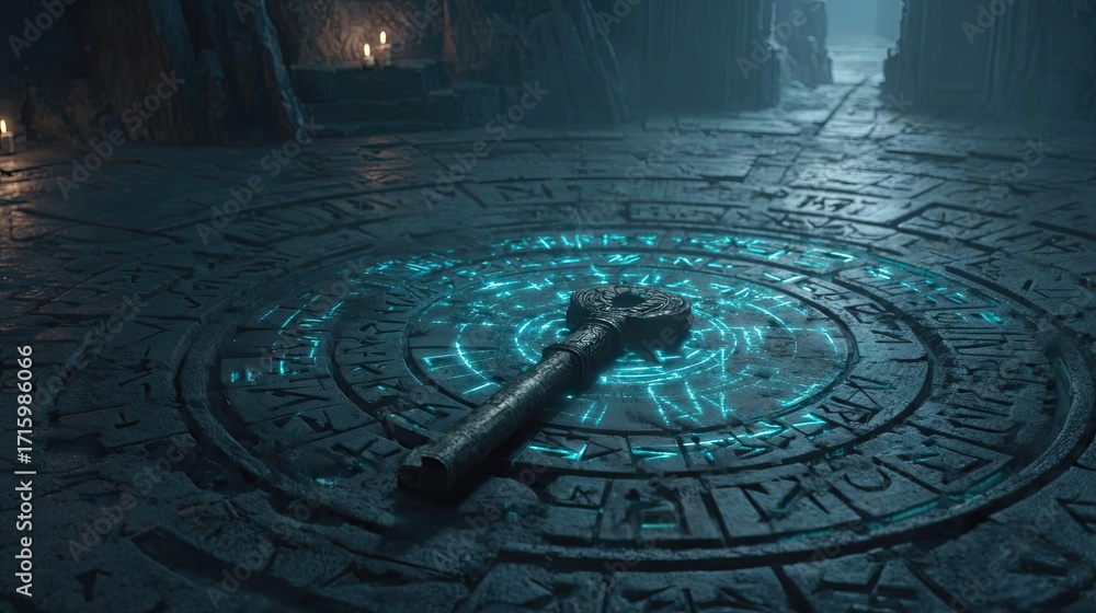 Poster passwordless login with key and lock concept. an ancient key resting on a mystical stone circle in a