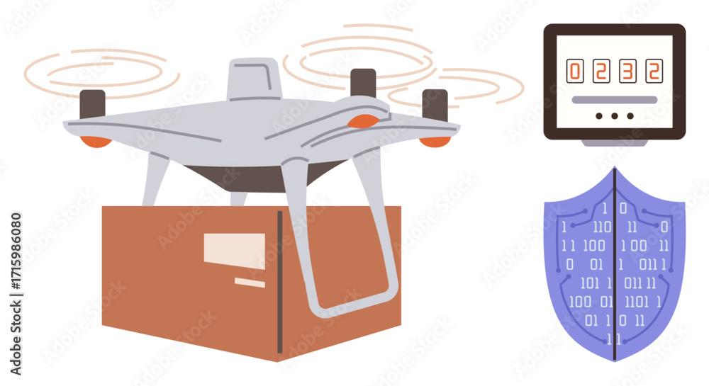 Poster quadcopter carrying box mid-flight, shield with binary code, and screen with data. ideal for technol
