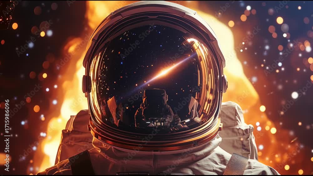 Poster astronaut observes a cosmic fire with meteorites passing by, reflected in the visor of his spacesuit