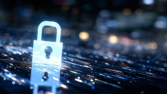 A glowing padlock symbol on server hardware highlights robust cybersecurity with cascading digital code and light trails.