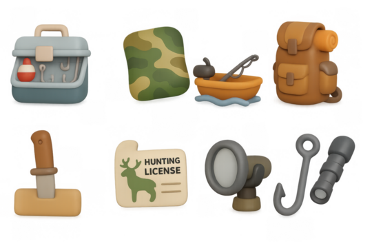 Outdoor adventure kit with modern backpack, hunting gear, and fishing tools