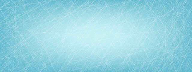Winter background with a hockey scratched ice texture. The cool blue surface is covered with chaotic white lines, resembling skate marks on a frozen ice rink for sports or holiday themes