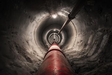 Perspective View of Confined Space in Underground Tunnel with Steel Pipes for Utility Transport
