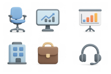 Modern 3d office icons set featuring graphs, chair, building, briefcase, and headset