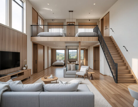 A duplex room in wooden interior with two levels and bedroom upstair, kithcen pantry, dining table downstair.