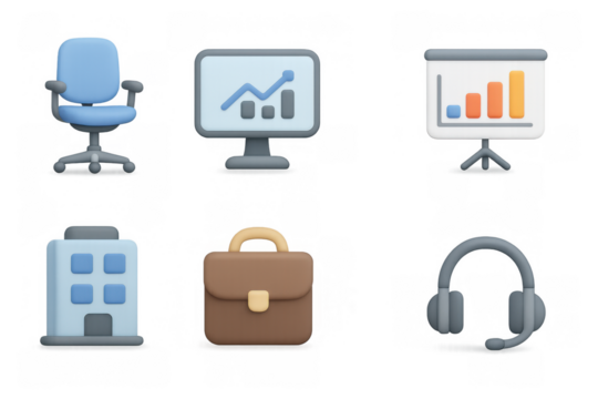 Modern 3d office icons set featuring graphs, chair, building, briefcase, and headset