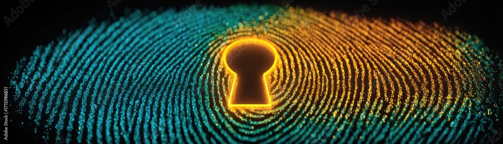 Poster passwordless login with key and lock concept. digital fingerprint with a glowing keyhole symbolizing