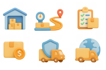 3d logistics and delivery icons featuring shipping, warehouse, and tracking elements