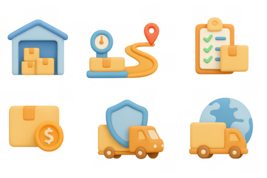 3d logistics and delivery icons featuring shipping, warehouse, and tracking elements