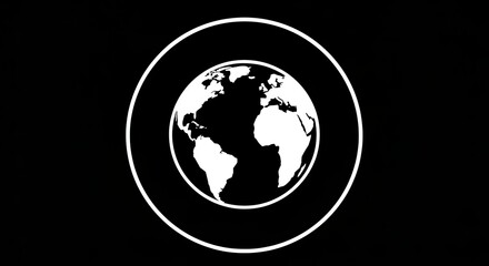 Globe icon surrounded by circles on black background