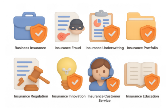 Colorful 3d icons representing various insurance concepts and services