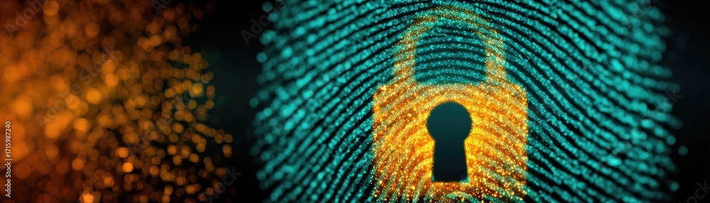 Poster passwordless login with key and lock concept. digital lock illustration with vibrant fingerprint bac