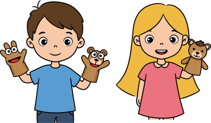 Cartoon children playing with hand puppets, boy and girl with animal puppets, imaginative play, kids entertainment, educational fun, creativity