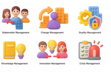 3d management concepts: stakeholder, change, quality, knowledge, innovation, crisis