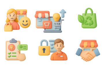 3d shopping and security icons with customer and eco-friendly elements