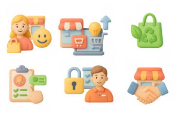 3d shopping and security icons with customer and eco-friendly elements