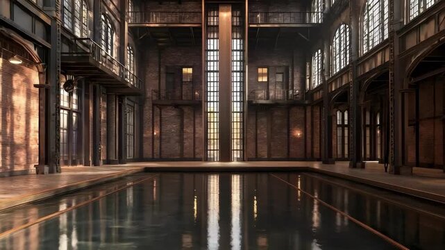 Indoor swimming pool in an industrial brick hall with steel beams, tall windows, and reflections on the water.