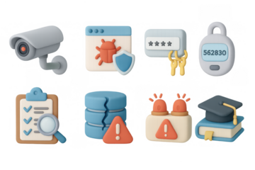 3d cybersecurity elements: camera, firewall, authentication icons, and more