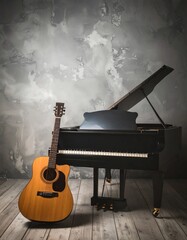 Acoustic guitar and grand piano in a room