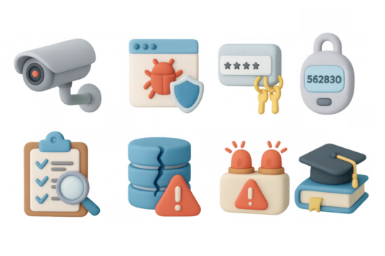 3d cybersecurity elements: camera, firewall, authentication icons, and more