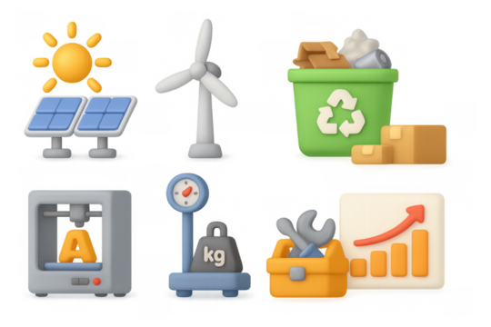 Eco-friendly technologies and tools: renewable energy and sustainable living icons